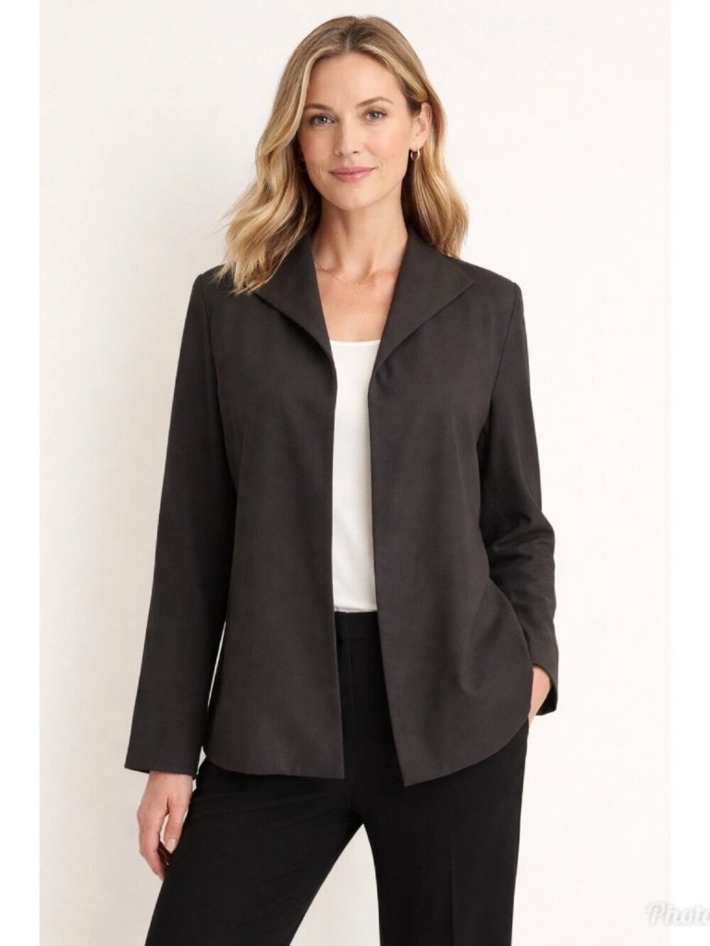 Eileen Fisher Wool Open Front Blazer Small Olive Green Jacket quiet luxury